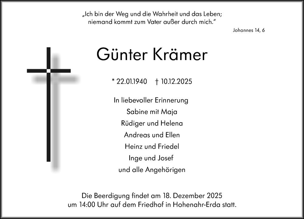  Traueranzeige für Günter Krämer vom 13.12.2025 aus Wetzlarer Neue Zeitung