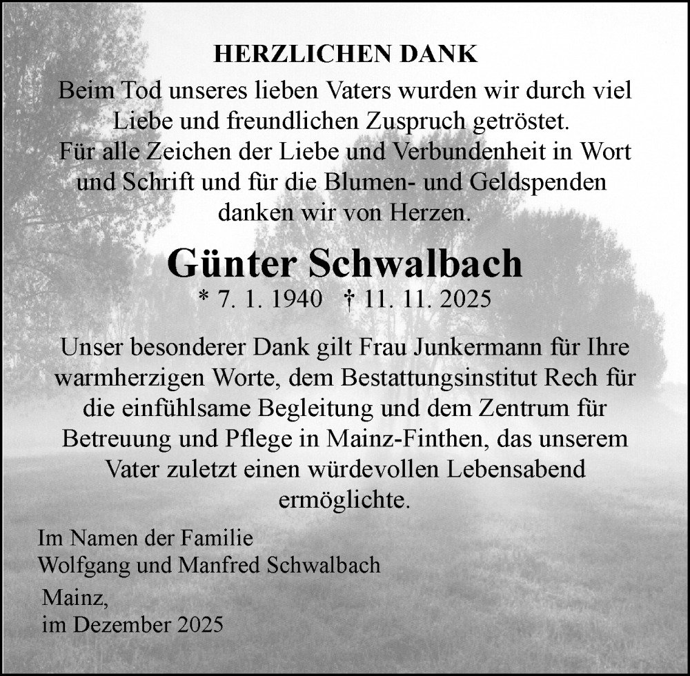  Traueranzeige für Günter Schwalbach vom 20.12.2025 aus Allgemeine Zeitung Mainz