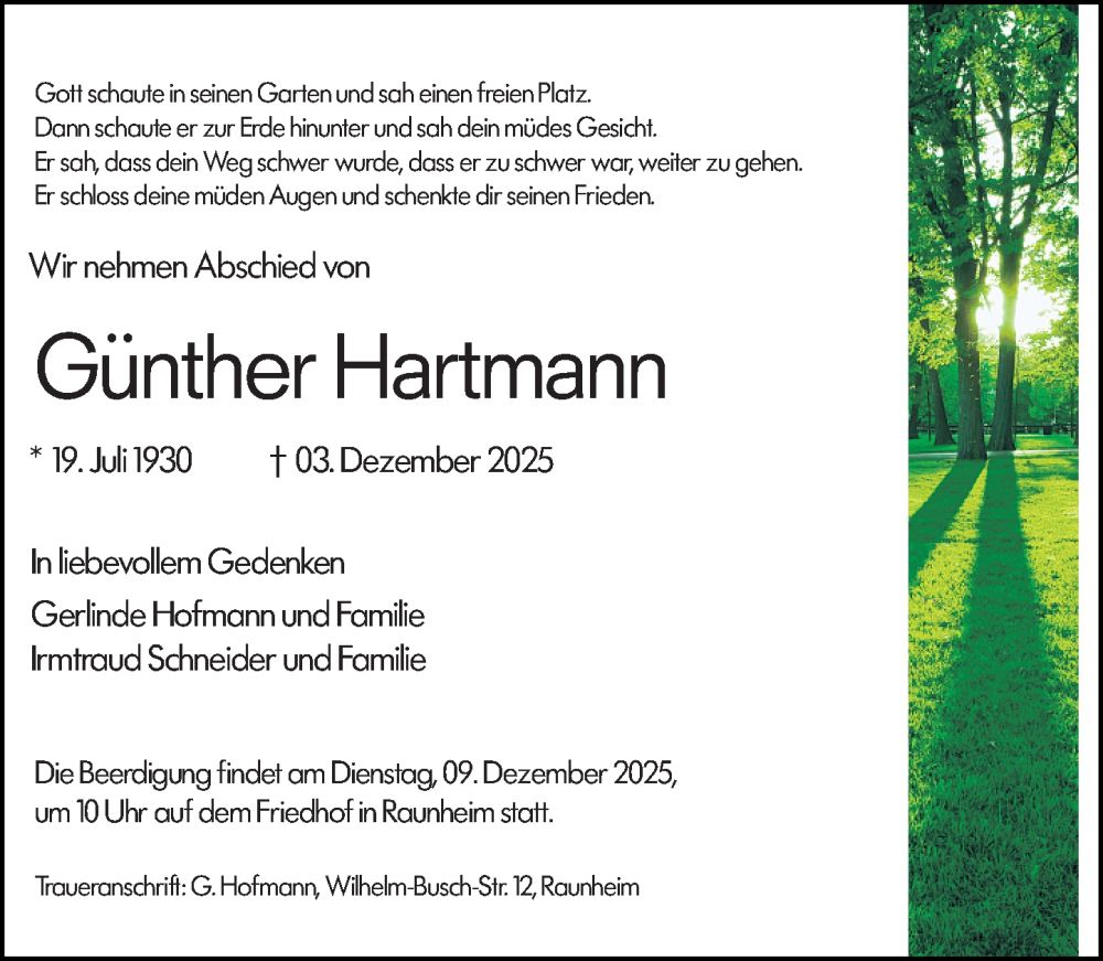  Traueranzeige für Günther Hartmann vom 06.12.2025 aus Rüsselsheimer Echo