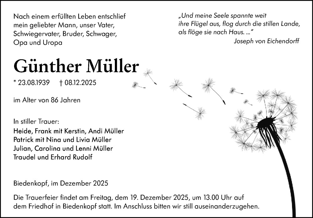  Traueranzeige für Günther Müller vom 16.12.2025 aus Hinterländer Anzeiger