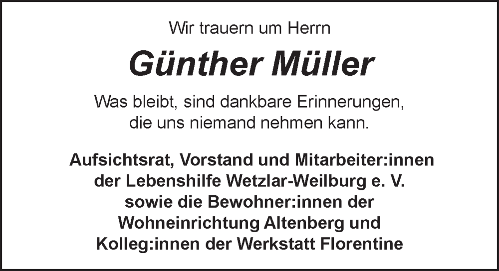  Traueranzeige für Günther Müller vom 20.12.2025 aus Weilburger Tageblatt