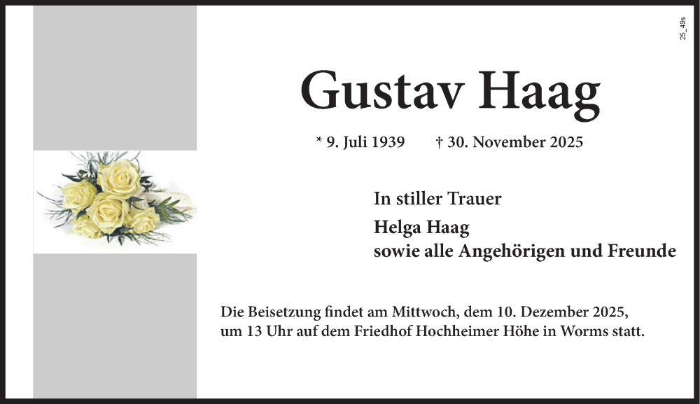  Traueranzeige für Gustav Haag vom 06.12.2025 aus Wormser Zeitung