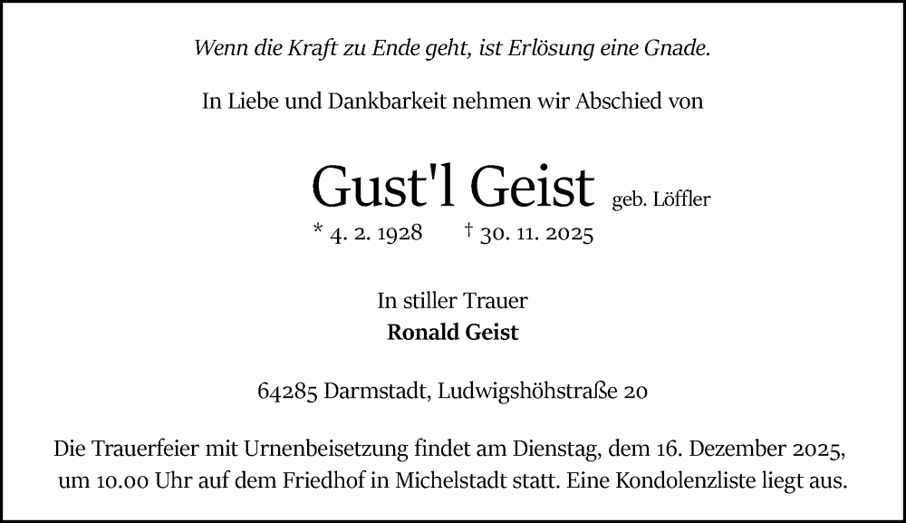  Traueranzeige für Gustl Geist vom 13.12.2025 aus Odenwälder Echo