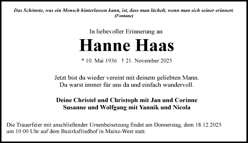  Traueranzeige für Hanne Haas vom 06.12.2025 aus Allgemeine Zeitung Mainz