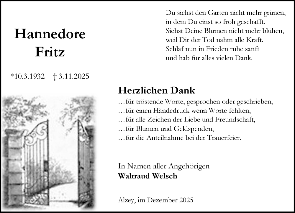  Traueranzeige für Hannedore Fritz vom 13.12.2025 aus Allgemeine Zeitung Alzey