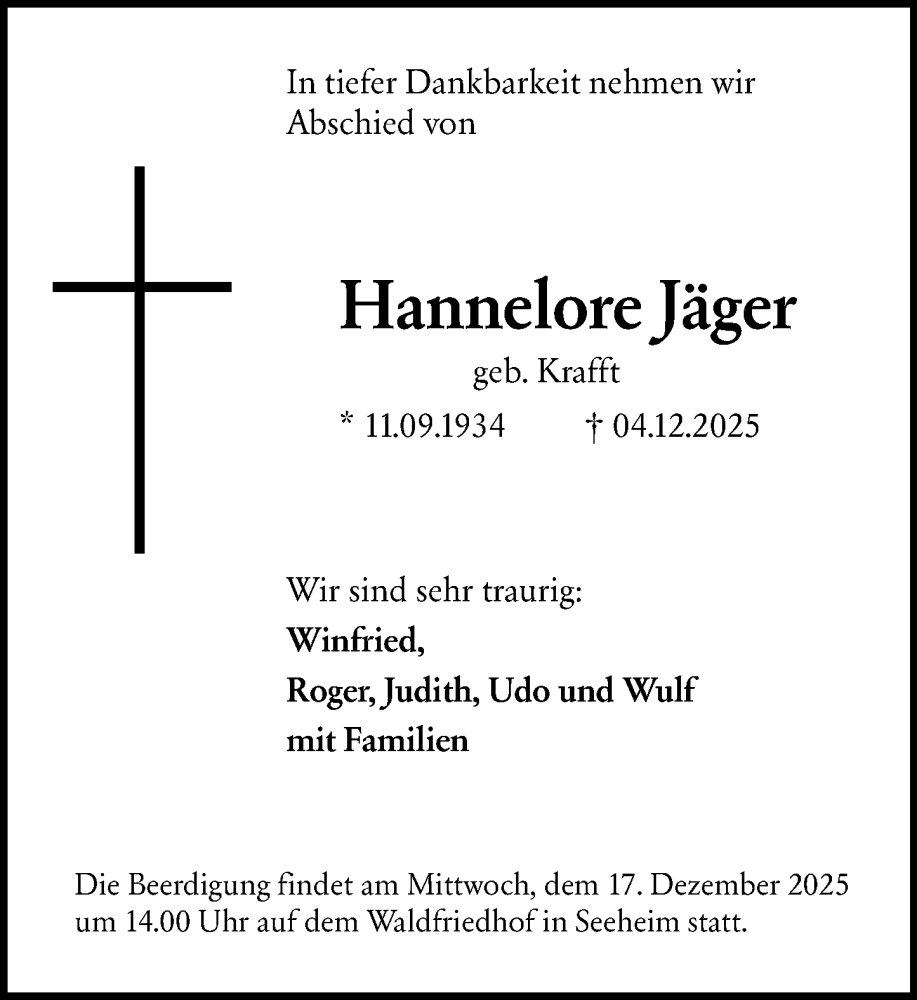  Traueranzeige für Hannelore Jäger vom 13.12.2025 aus Darmstädter Echo