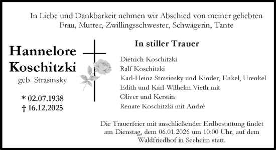 Traueranzeige von Hannelore Koschitzki von Darmstädter Echo