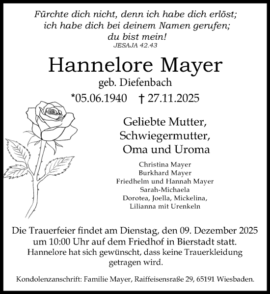 Traueranzeige von Hannelore Mayer von Wiesbadener Kurier