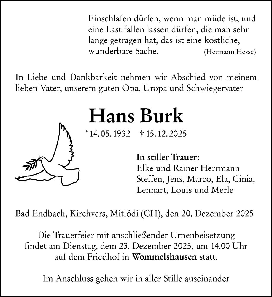  Traueranzeige für Hans Burk vom 20.12.2025 aus Hinterländer Anzeiger