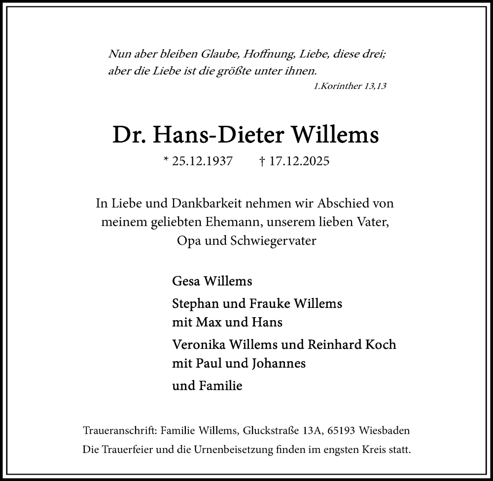  Traueranzeige für Hans-Dieter Willems vom 27.12.2025 aus Wiesbadener Kurier