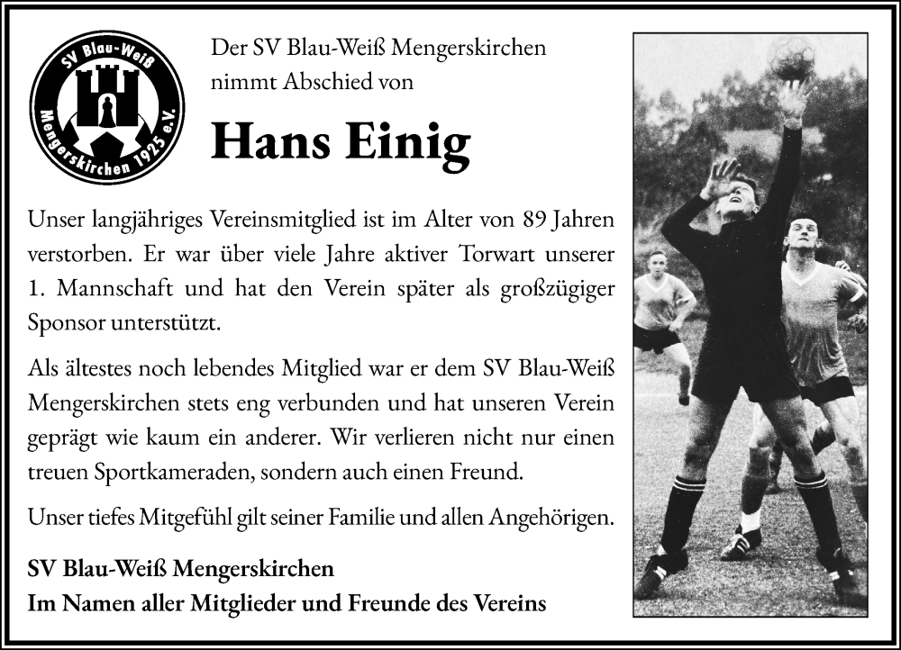  Traueranzeige für Hans Einig vom 20.12.2025 aus Weilburger Tageblatt