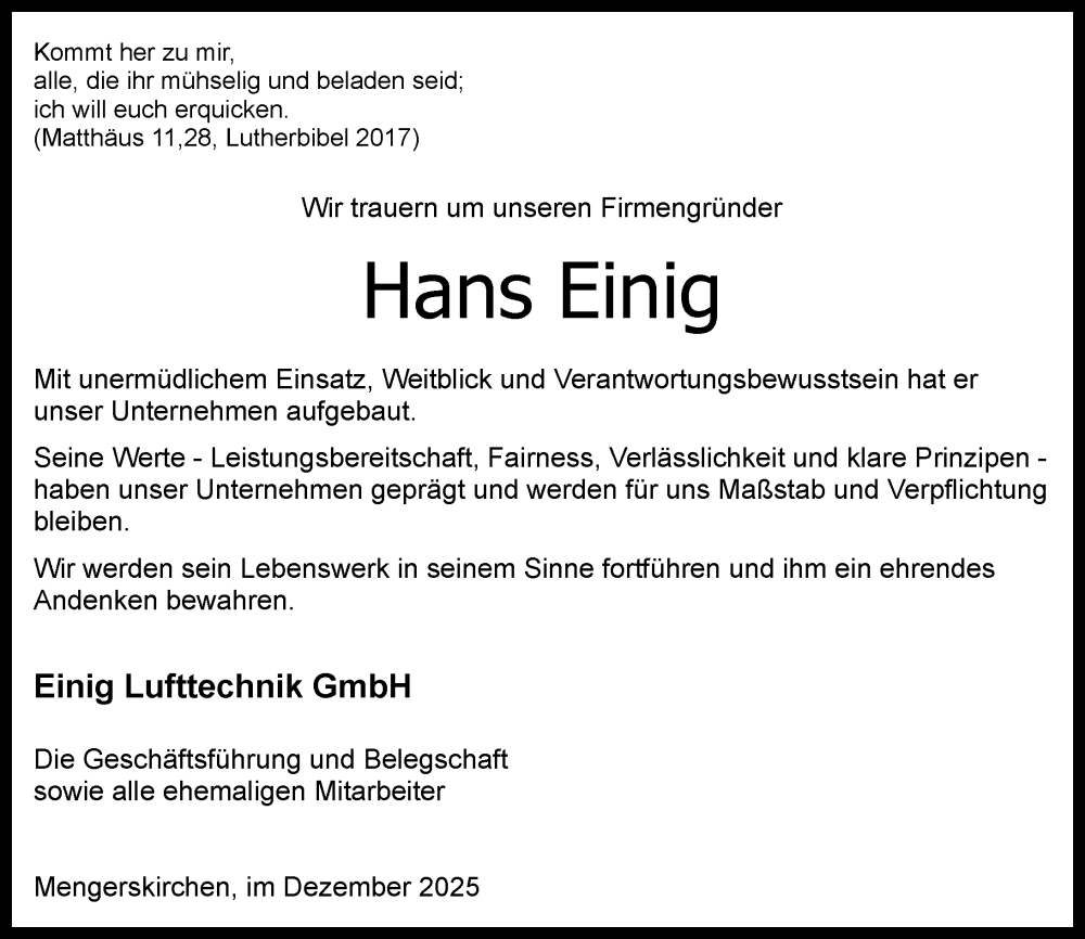  Traueranzeige für Hans Einig vom 20.12.2025 aus Weilburger Tageblatt
