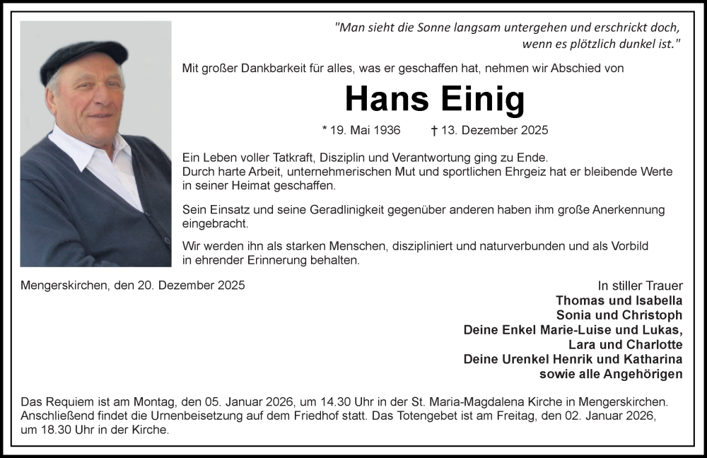  Traueranzeige für Hans Einig vom 20.12.2025 aus Weilburger Tageblatt