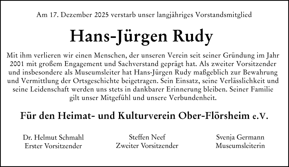  Traueranzeige für Hans-Jürgen Rudy vom 20.12.2025 aus Allgemeine Zeitung Alzey