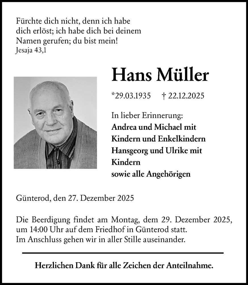  Traueranzeige für Hans Müller vom 27.12.2025 aus Hinterländer Anzeiger