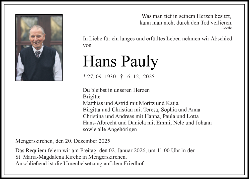  Traueranzeige für Hans Pauly vom 20.12.2025 aus Weilburger Tageblatt