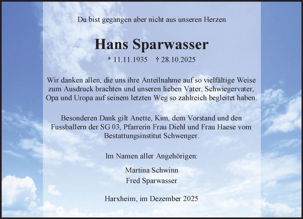 Traueranzeige für Hans Sparwasser vom 06.12.2025 aus Allgemeine Zeitung Mainz