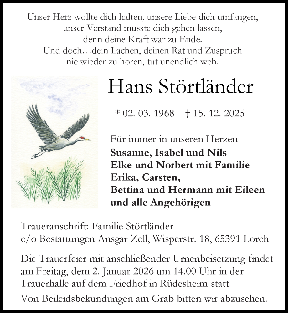  Traueranzeige für Hans Störtländer vom 27.12.2025 aus Rheingau Kurier