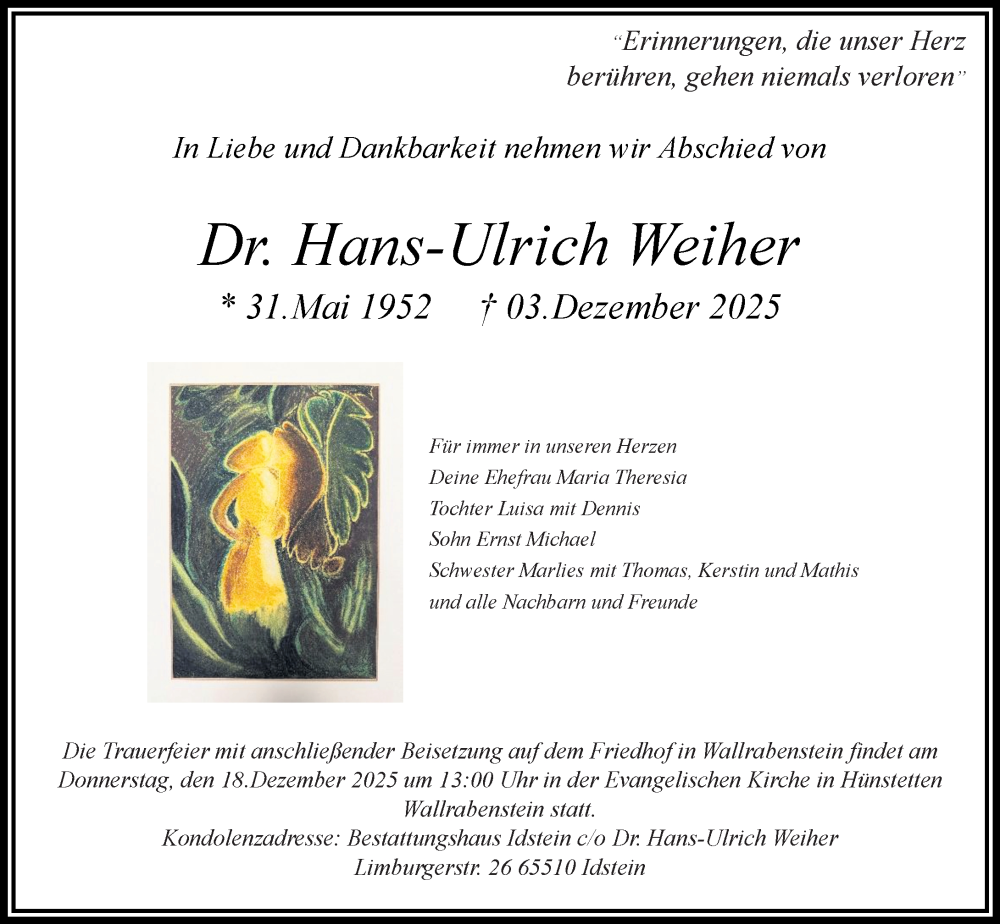  Traueranzeige für Hans-Ulrich Weiher vom 13.12.2025 aus Idsteiner Land/Untertaunus