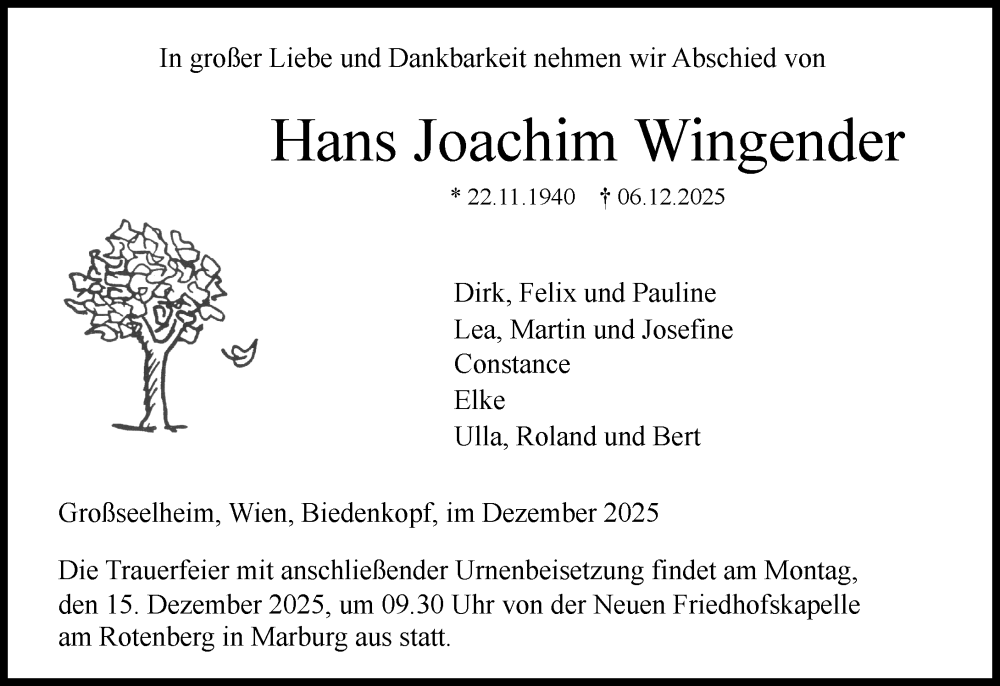  Traueranzeige für Hans Joachim Wingender vom 11.12.2025 aus Hinterländer Anzeiger