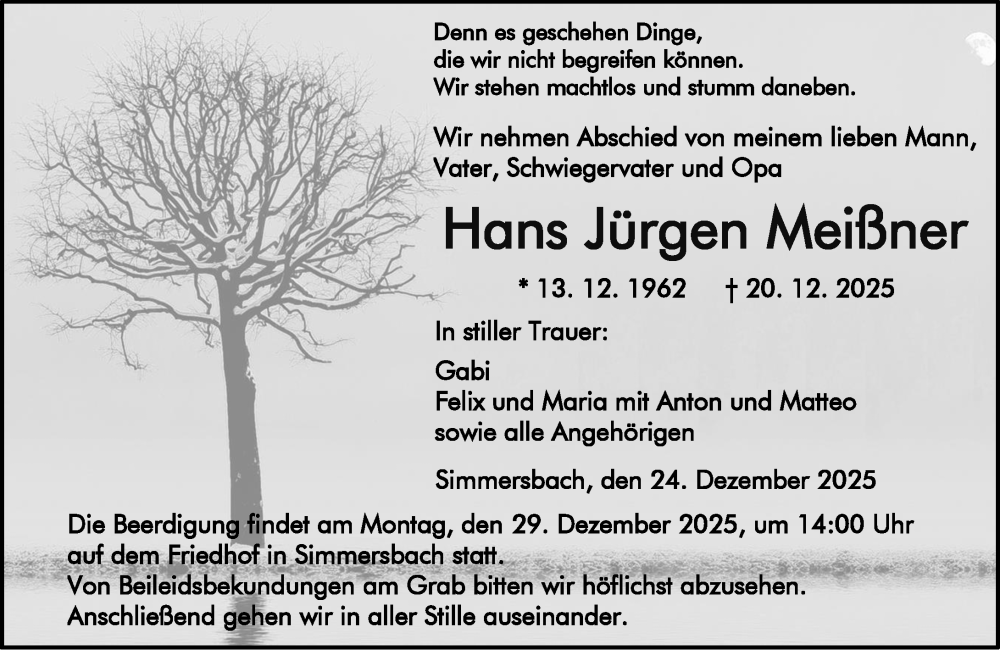  Traueranzeige für Hans Jürgen Meißner vom 24.12.2025 aus Hinterländer Anzeiger