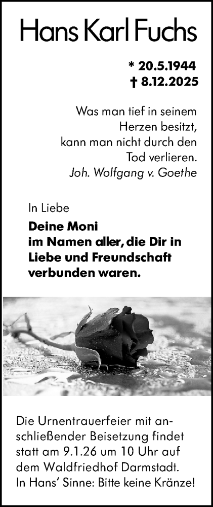 Traueranzeige von Hans Karl Fuchs von Darmstädter Echo