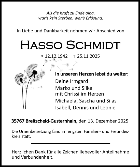 Traueranzeige von Hasso Schmidt von Dill Block