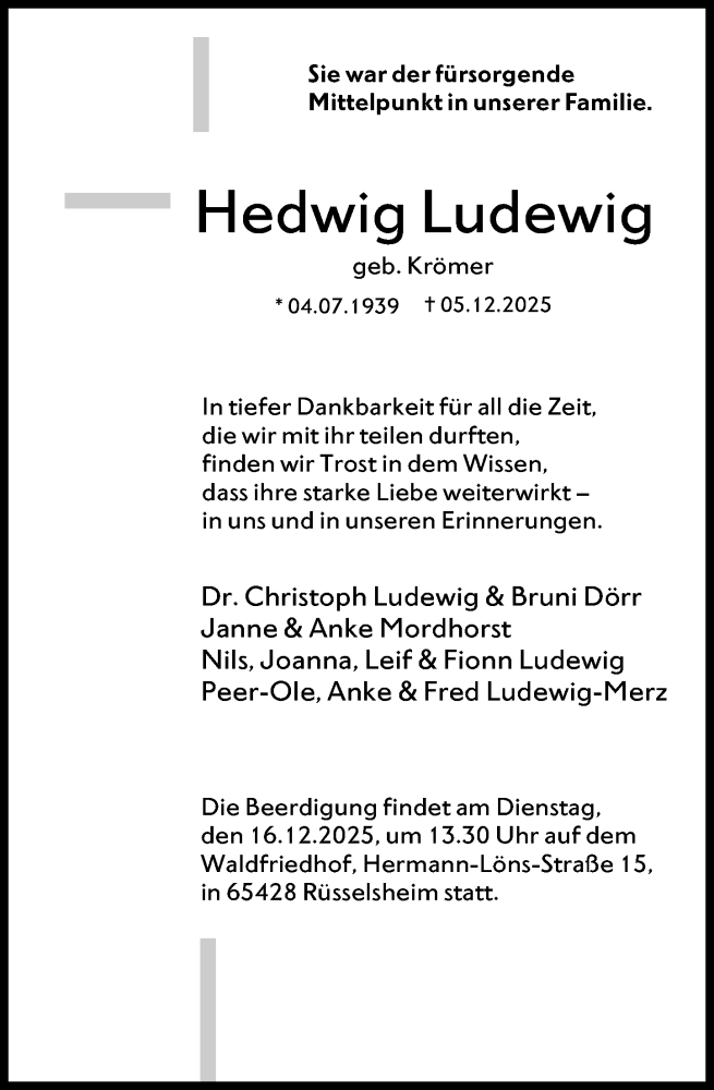  Traueranzeige für Hedwig Ludewig vom 13.12.2025 aus Rüsselsheimer Echo