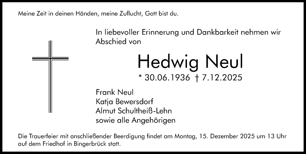  Traueranzeige für Hedwig Neul vom 13.12.2025 aus Allgemeine Zeitung Rheinhessen-Nahe