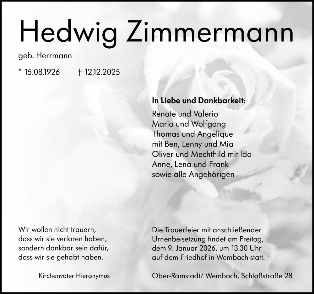  Traueranzeige für Hedwig Zimmermann vom 27.12.2025 aus Darmstädter Echo