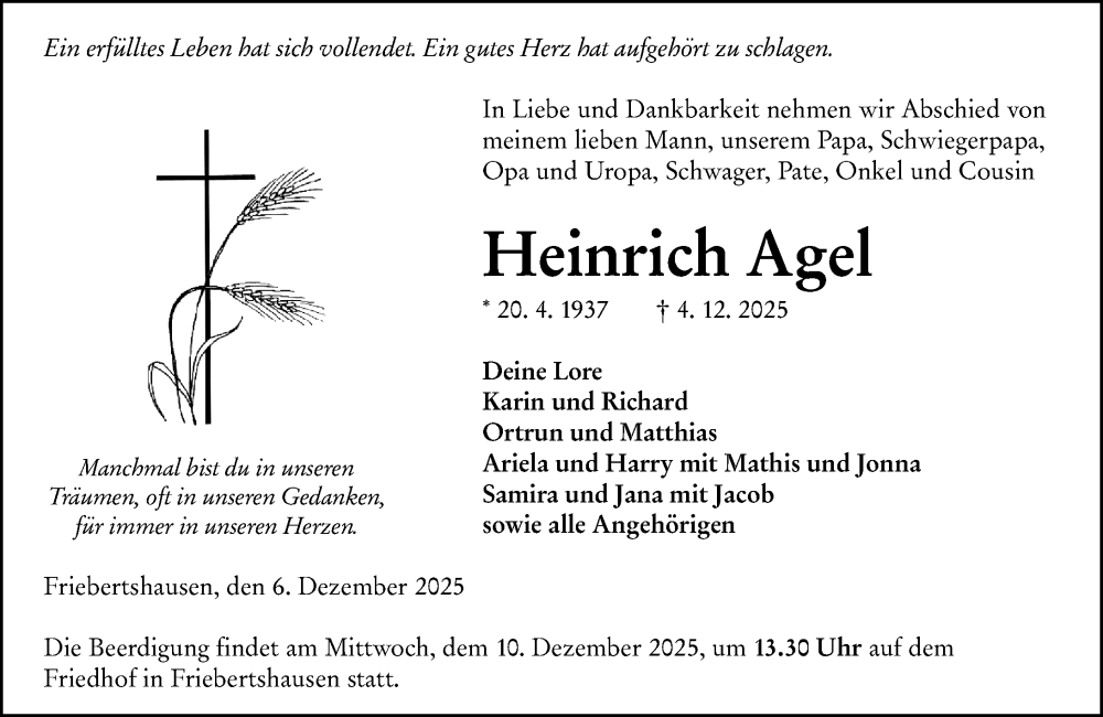  Traueranzeige für Heinrich Agel vom 06.12.2025 aus Hinterländer Anzeiger