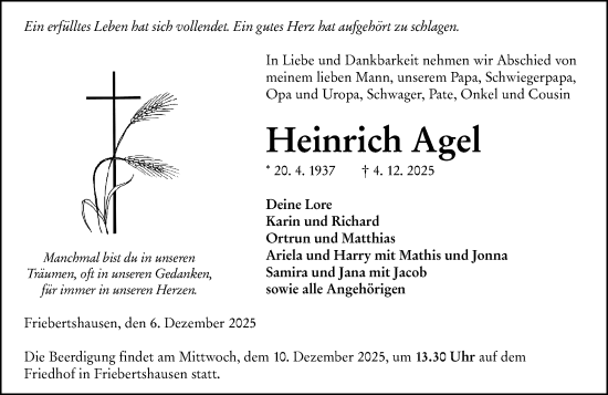 Traueranzeige von Heinrich Agel von Hinterländer Anzeiger
