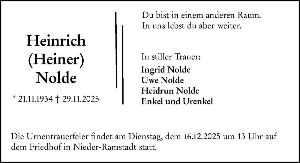  Traueranzeige für Heinrich Nolde vom 13.12.2025 aus Darmstädter Echo