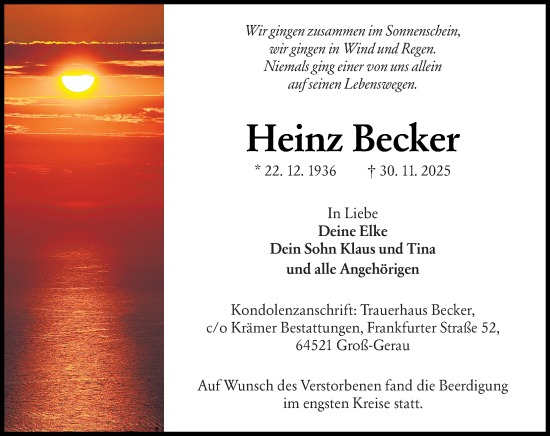 Traueranzeige von Heinz Becker von Groß-Gerauer Echo