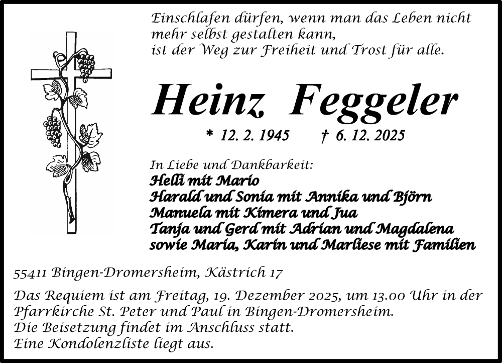  Traueranzeige für Heinz Feggeler vom 13.12.2025 aus Binger-/Ingelheimer Wochenblatt