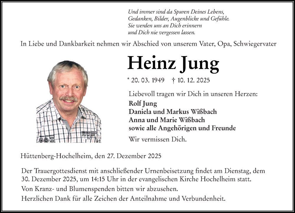  Traueranzeige für Heinz Jung vom 27.12.2025 aus Wetzlarer Neue Zeitung