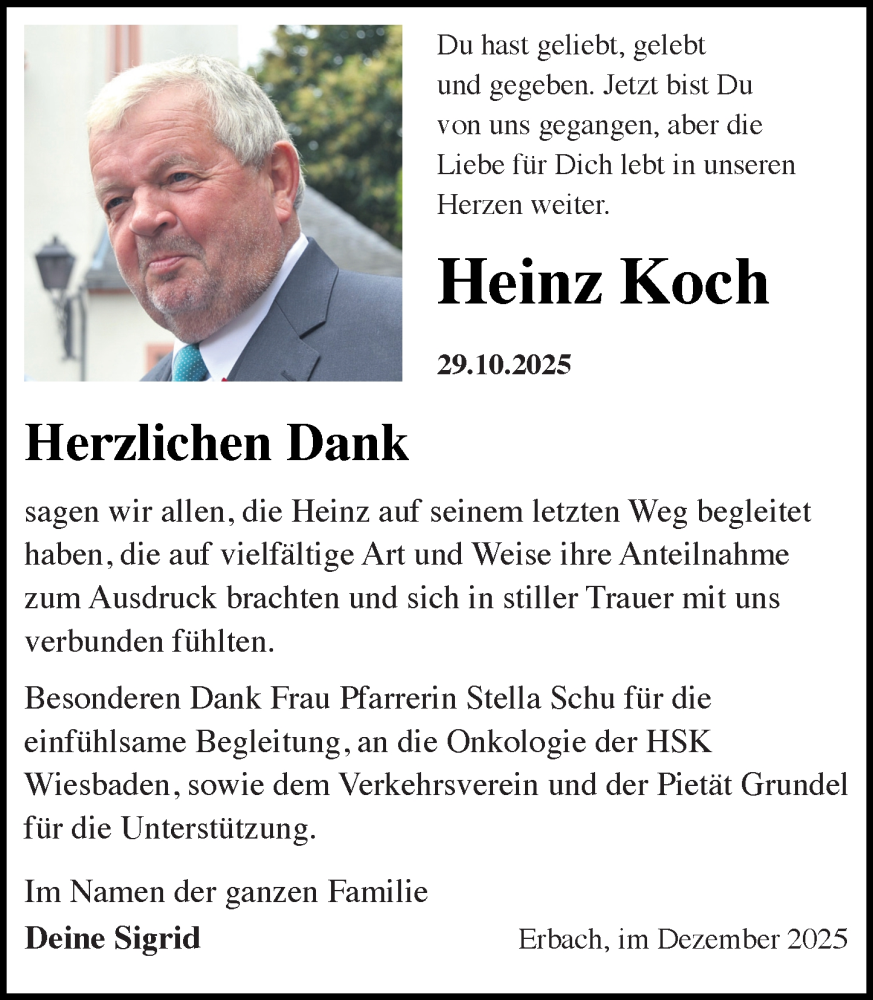  Traueranzeige für Heinz Koch vom 06.12.2025 aus Wiesbadener Kurier