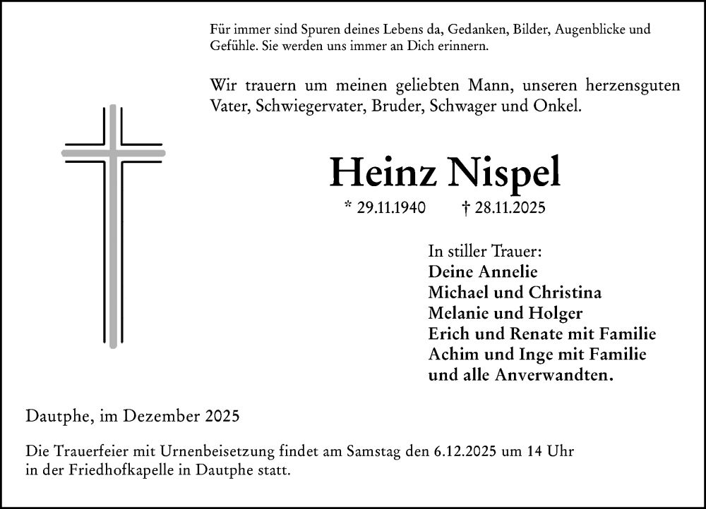  Traueranzeige für Heinz Nispel vom 05.12.2025 aus Hinterländer Anzeiger