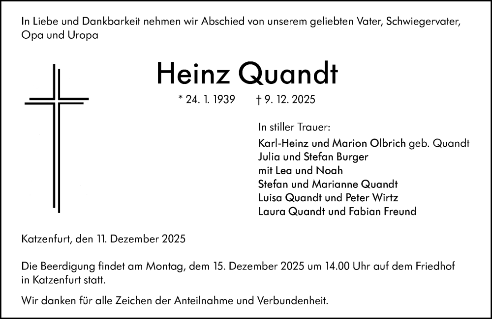  Traueranzeige für Heinz Quandt vom 11.12.2025 aus Wetzlarer Neue Zeitung