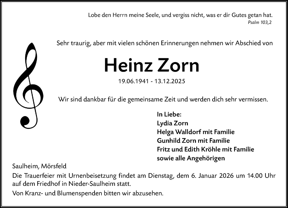  Traueranzeige für Heinz Zorn vom 20.12.2025 aus Allgemeine Zeitung Alzey