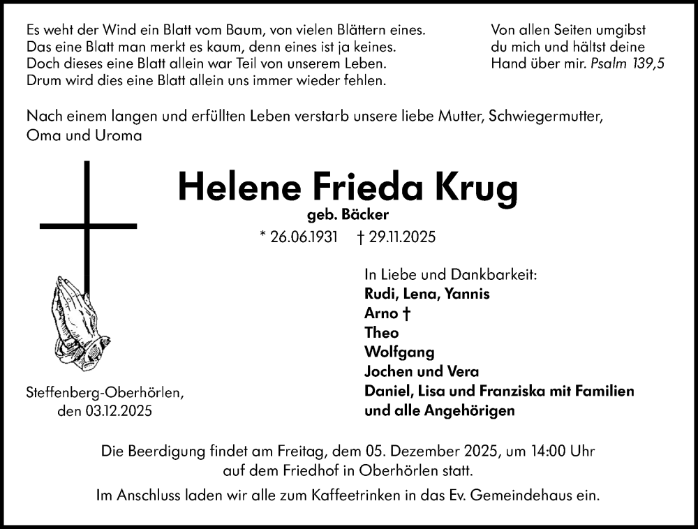  Traueranzeige für Helene Frieda Krug vom 03.12.2025 aus Hinterländer Anzeiger