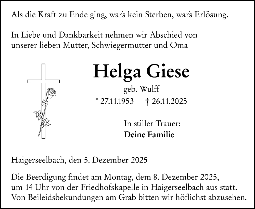  Traueranzeige für Helga Giese vom 05.12.2025 aus Dill Block