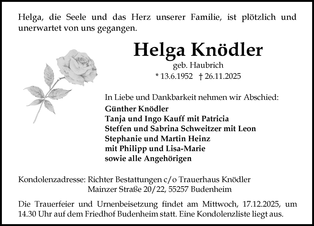  Traueranzeige für Helga Knödler vom 13.12.2025 aus Allgemeine Zeitung Mainz