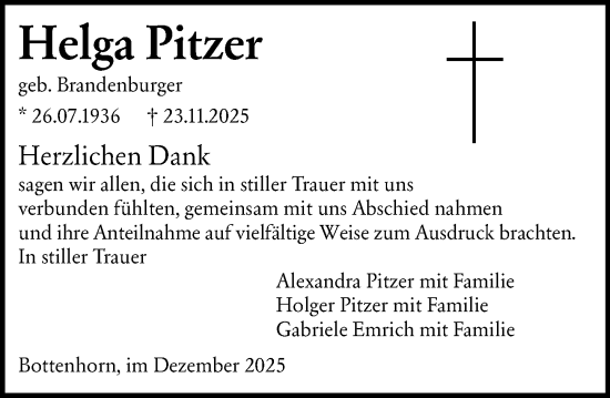 Traueranzeige von Helga Pitzer von Hinterländer Anzeiger