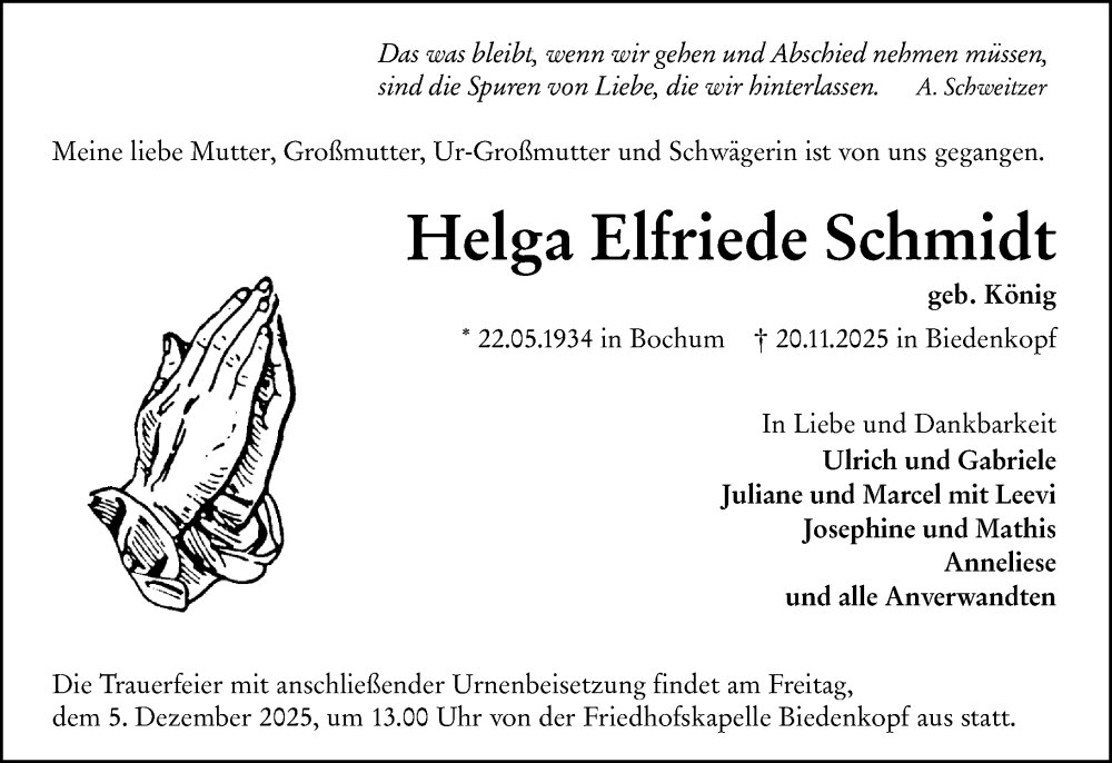  Traueranzeige für Helga Elfriede Schmidt vom 01.12.2025 aus Hinterländer Anzeiger