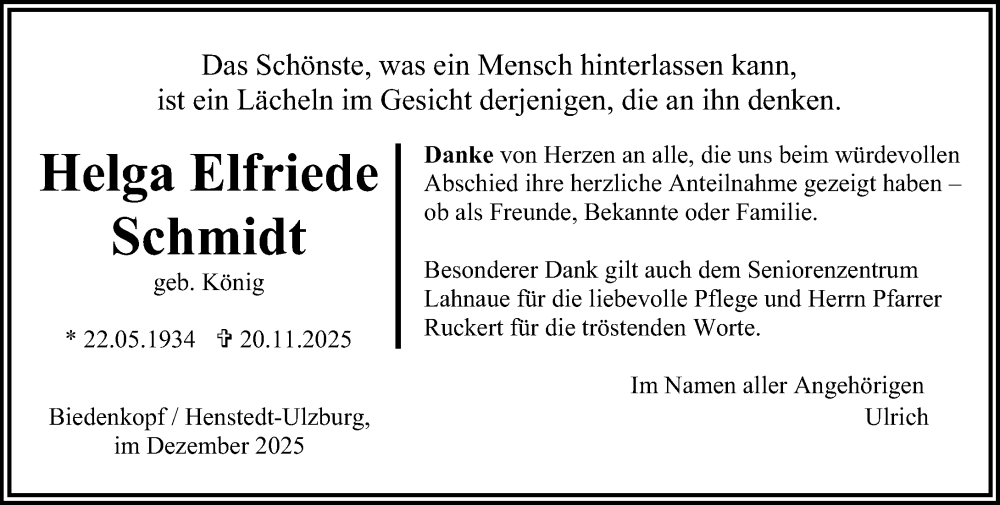  Traueranzeige für Helga Elfriede Schmidt vom 15.12.2025 aus Hinterländer Anzeiger