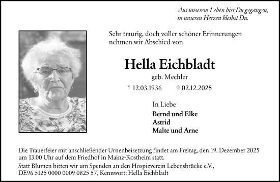 Traueranzeige von Hella Eichbladt von Allgemeine Zeitung Mainz