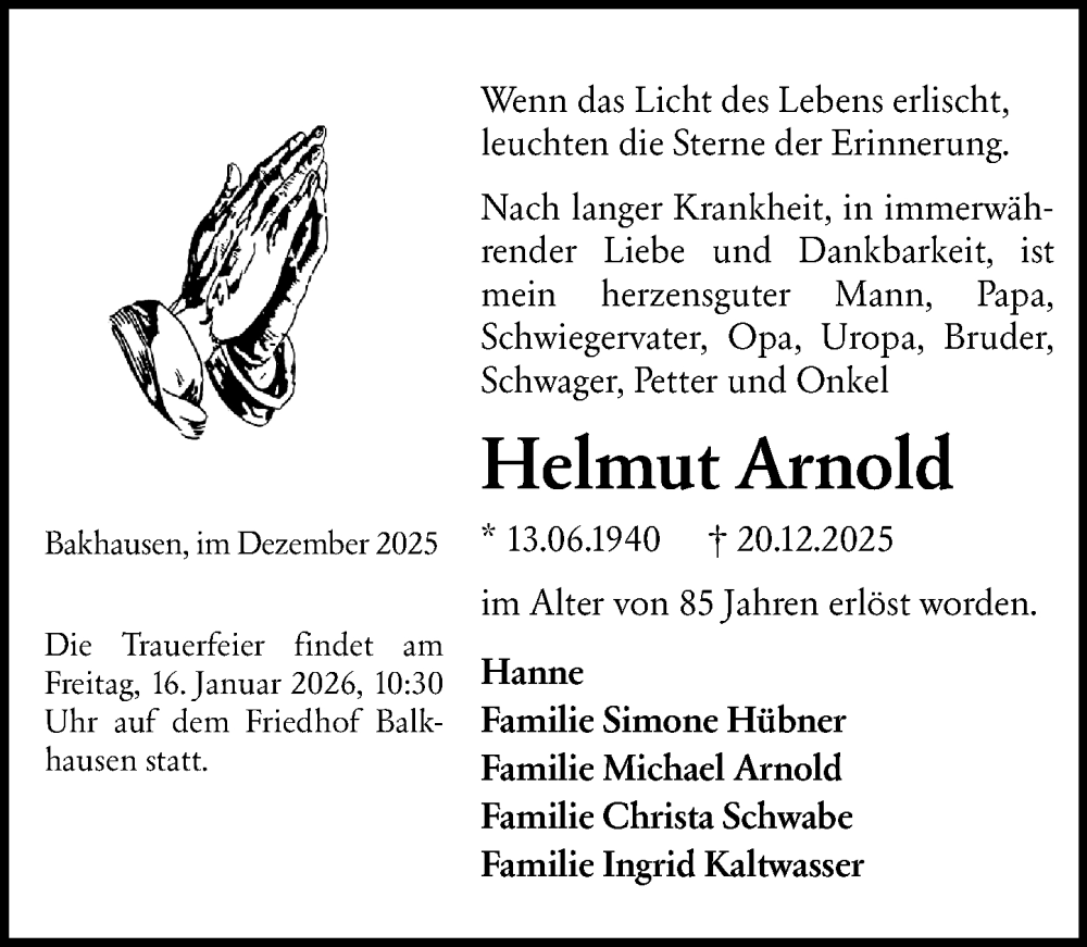  Traueranzeige für Helmut Arnold vom 27.12.2025 aus Darmstädter Echo