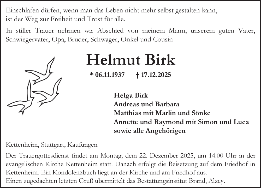  Traueranzeige für Helmut Birk vom 19.12.2025 aus Allgemeine Zeitung Alzey