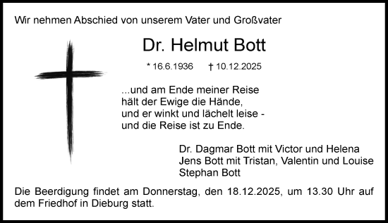 Traueranzeige von Helmut Bott von Dieburger Anzeiger/Groß-Zimmerner Lokal-Anzeiger